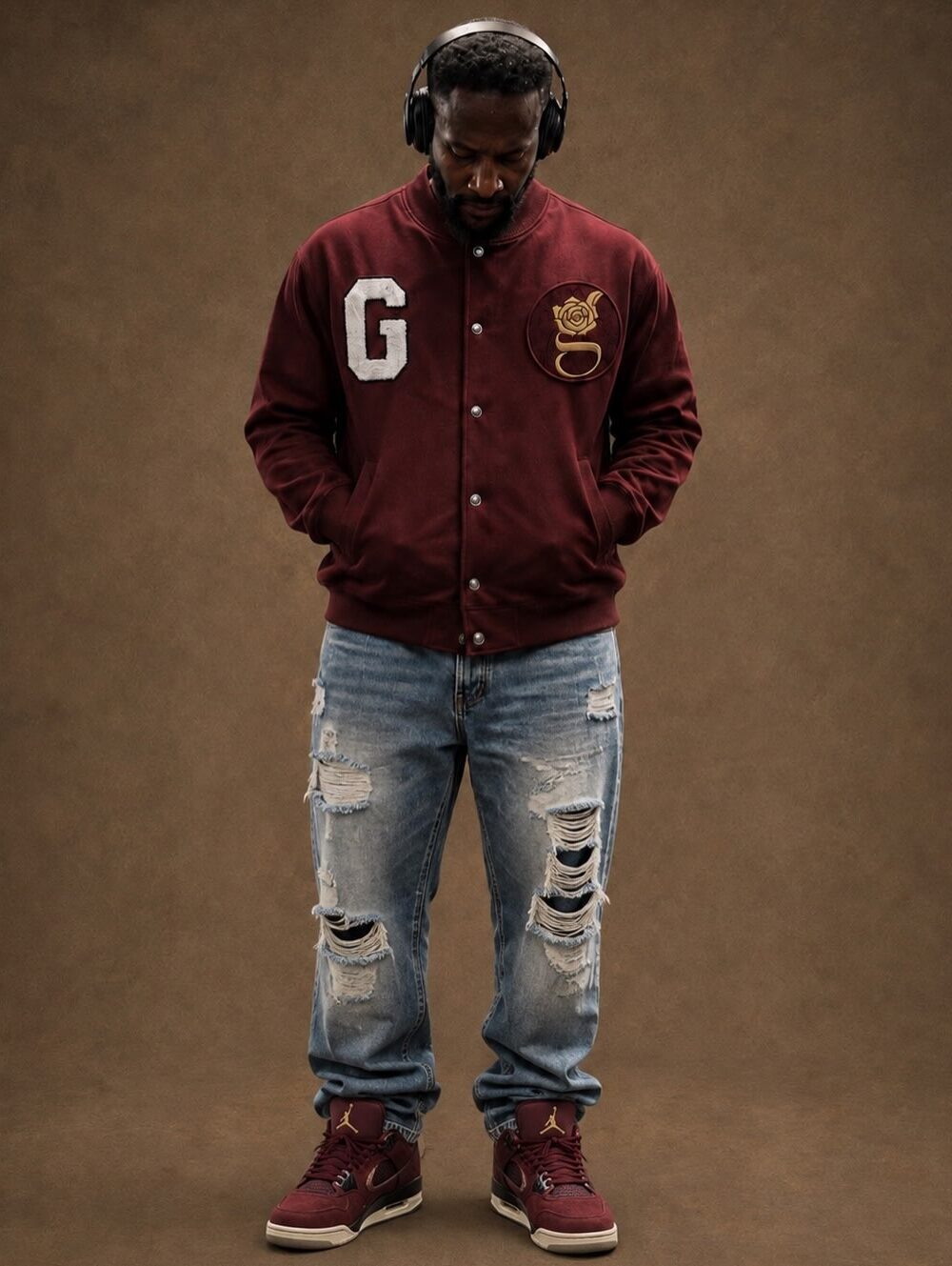 G Varsity, burgundy — on body